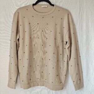 BRUNELLO CUCINELLI 100% Cashmere Embellished Knit Sweater with Beads Beige Large